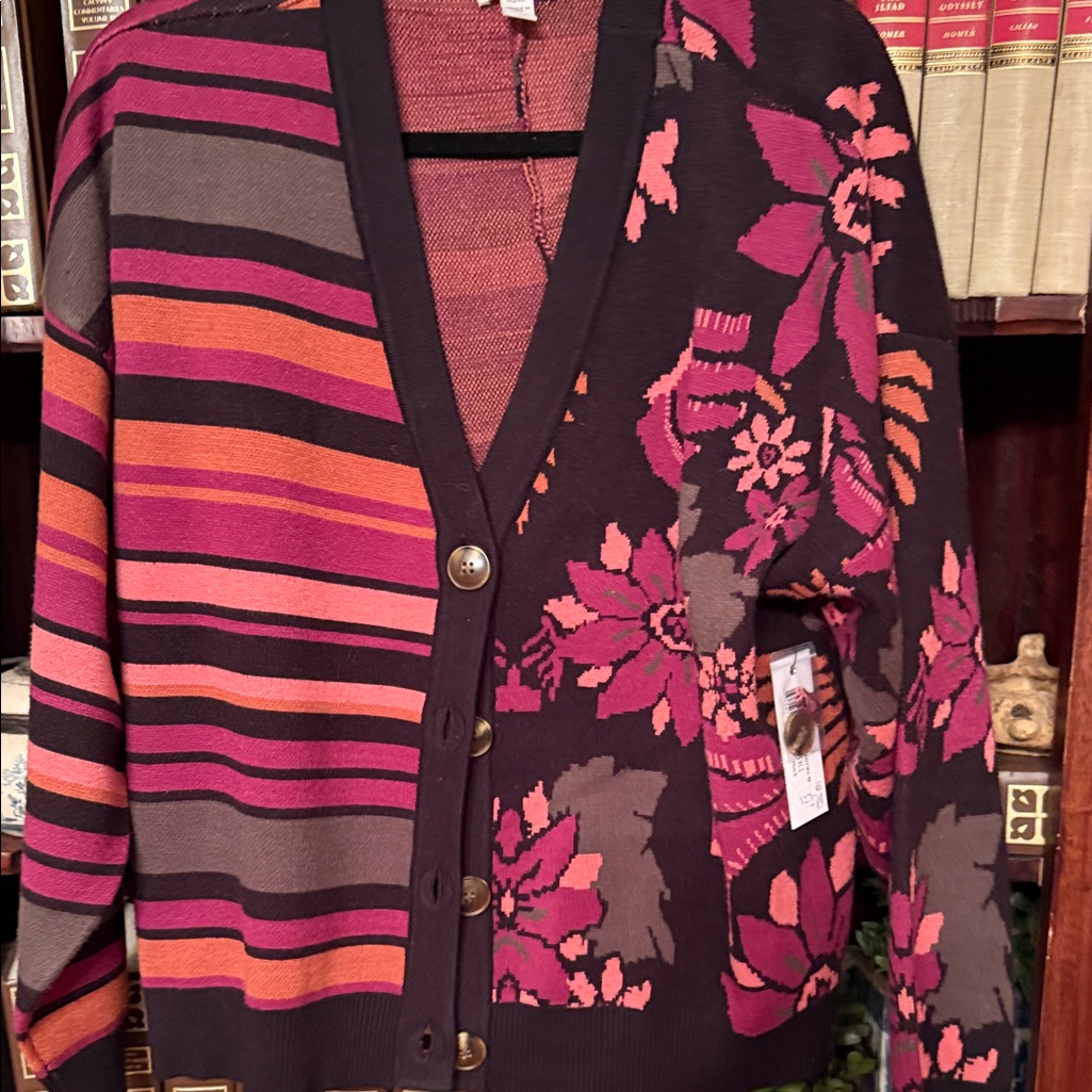 Tribaljeans. Xl. Striped & Floral Button-Up Cardigan In Pink, Orange & Black